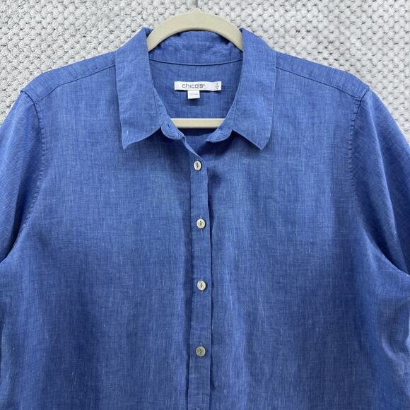 Chicos Top Womens 2 US12 Blue Linen Chambray Button Front 3/4 Sleeves Casual - Picture 3 of 12